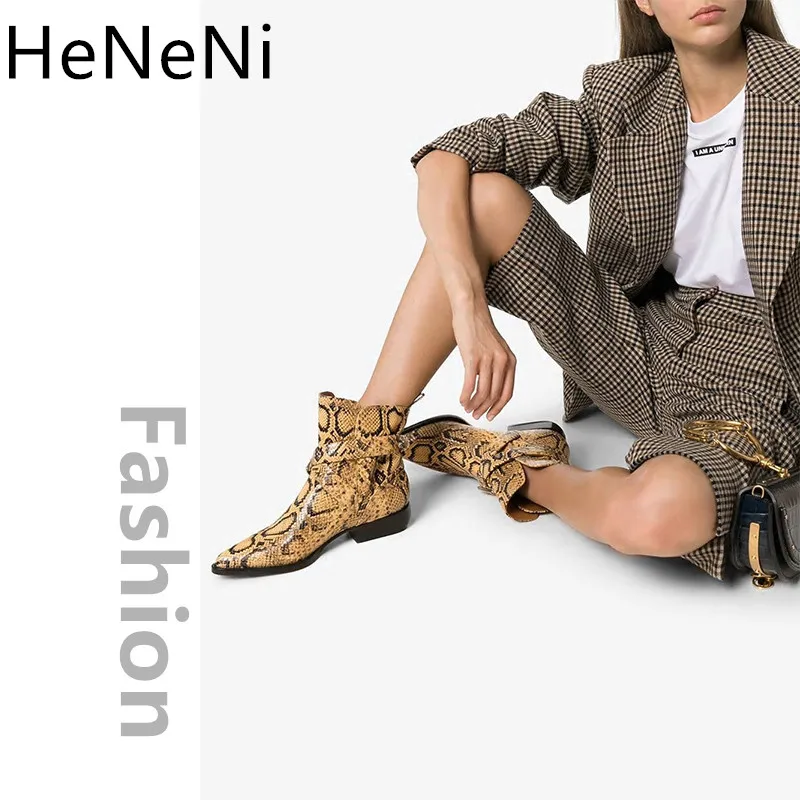 

New Women Ankle boots Snake print Leather Western Cowgirl Boots Pointed Toe Buckle Slip-On Motorcycle Female Shoes botas mujer