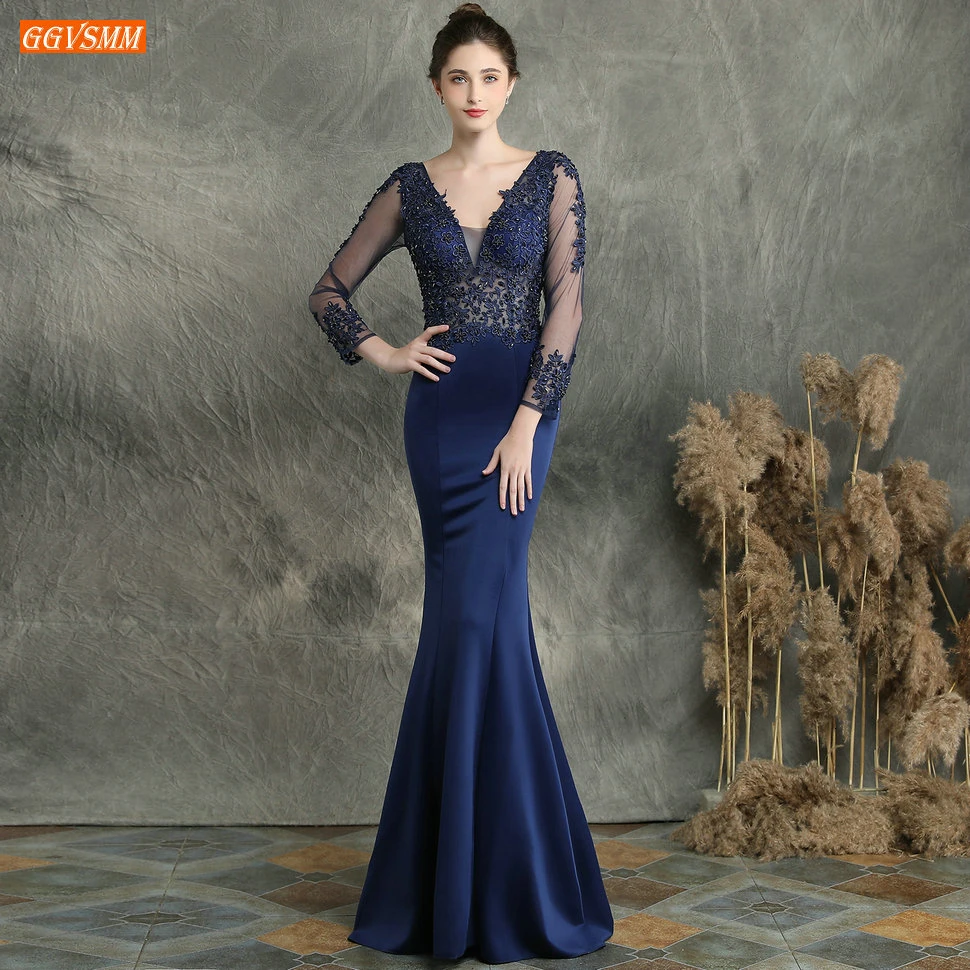 

Fashion Dark Navy Mermaid Evening Gowns Long Sleeves Appliqued Beaded V Neck Women Evening Dresses Slim fit Long Formal Dress
