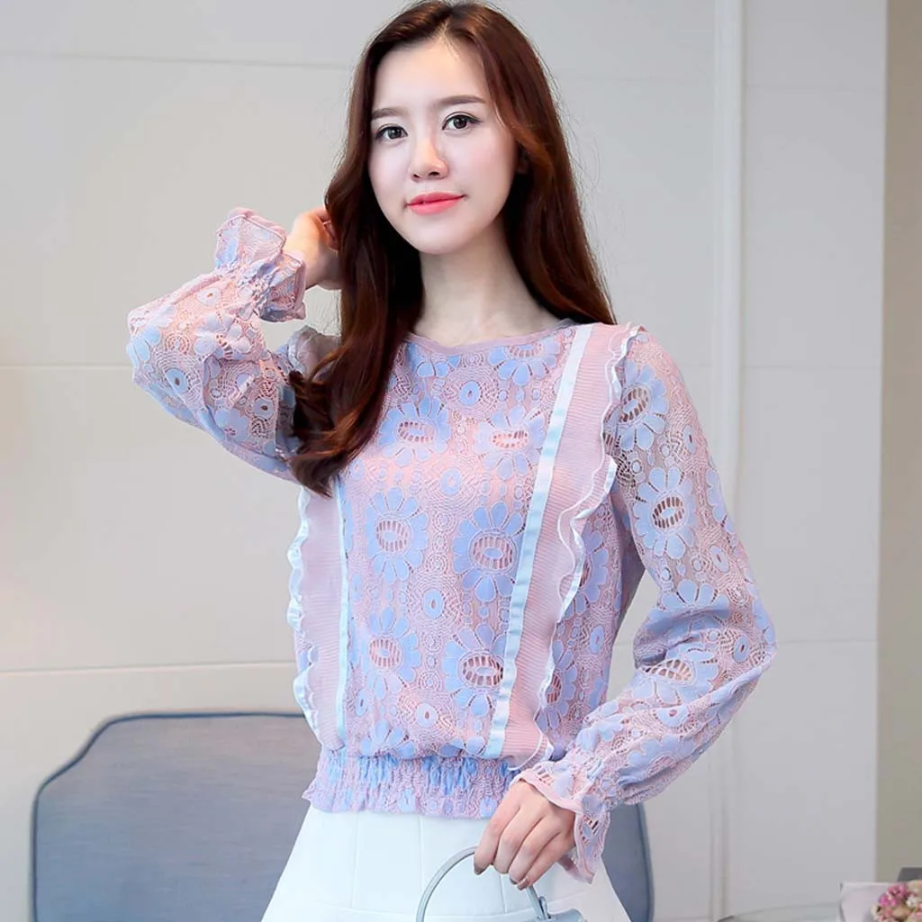 Летний женский топ Blusa Mujer кружевная шифоновая блузка женская рубашка с длинным рукавом Женские топы и блузки женские большие размеры# J30