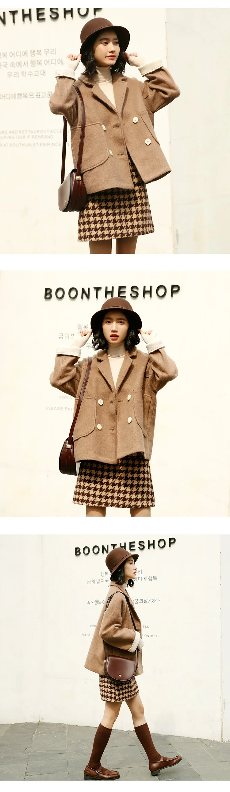 autumn winter Vintage lapel double breasted Wool coat Female loose Woolen coat Keep warm Solid color Woolen jacket FCW077