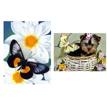 

2 Set Diamond Painting DIY 5D Full Round Diamond Embroidery Diamond Cross Stitch, Butterfly Flowers & Terrier Dog