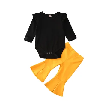 

0-24M Newborn Baby Girls Clothes Sets Solid Romper Jumpsuit Tops + Yellow Flare Pants Bell-bottoms Outfits