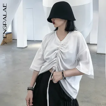 

SHENGPALAE 2020 New Spring Summer Neck Three Quarter Sleeve Mesh Drawstring Loose Big Size Black T-shirt Women Fashion JW483