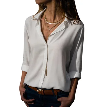 

JODIMITTY Women Chiffon Blouse Long Sleeve V-Neck Solid Shirts Ladies Plus Size Elegant Office Work Top Casual White Blouse Tops