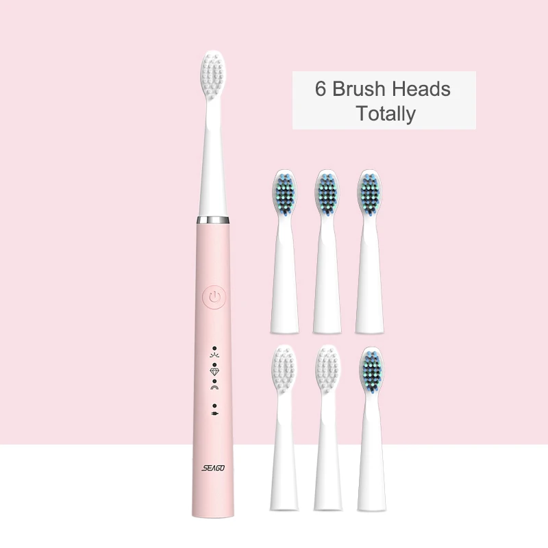 Pink-6 heads SEAGO новая звуковая зубная щетка перезаряжаемая электрическая зубная щетка обновленная автоматическая зубная щетка для взрослых с 6 головками - Цвет: Pink-6 heads