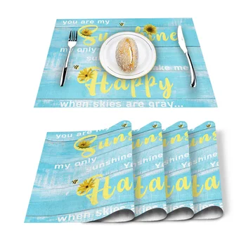 

Sunflower Bee Wooden Texture Placemat Washable Cotton Linen Table Cloth Pad Mat Rectangle Placemats Heat Resistant