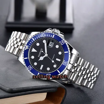 

New Parnis 40mm Black Dial Mens Automatic Mechanical Watch blue Ceramic Bezel Steel Miyota 8215 Movement Men's Watches