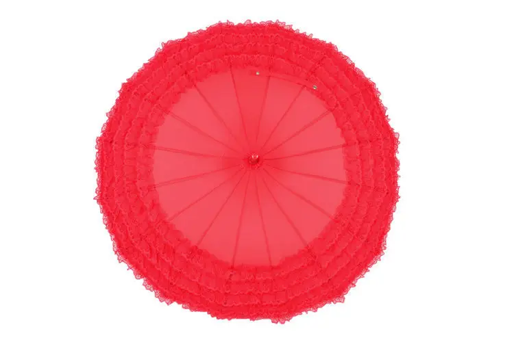Windproof College Style Rain Or Shine Dual Purpose Plastic Handle Straight Pole Lace Ladies' Red Umbrella Factory Direct Selling