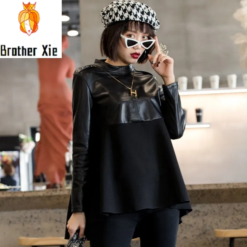 

Autumn New Women Casual Patchwork Genuine Leather Jacket Long Sleeve Turtleneck Tops Loose Fit Asymmetrical Outerwear Coat 3XL