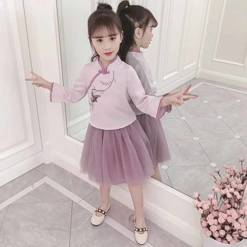 

Childrenswear Big Boy Fashion Spring Clothing Girls Retro Set 2019 Korean-style Embroider Jacket Mesh Dress Two-Piece Set Fashio