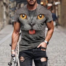 T shirt manches courtes col rond homme, estival et décontracté, avec impression de chat en 3D, à la mode, 2021