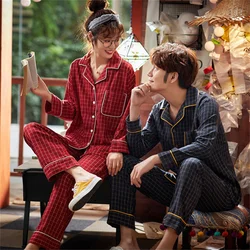 Dark Grid Couple Home Clothes Autumn Cotton Pajamas Lattice Two-piece Simple Sunshine Men Nightwear Suit Long Sleeved Trousers