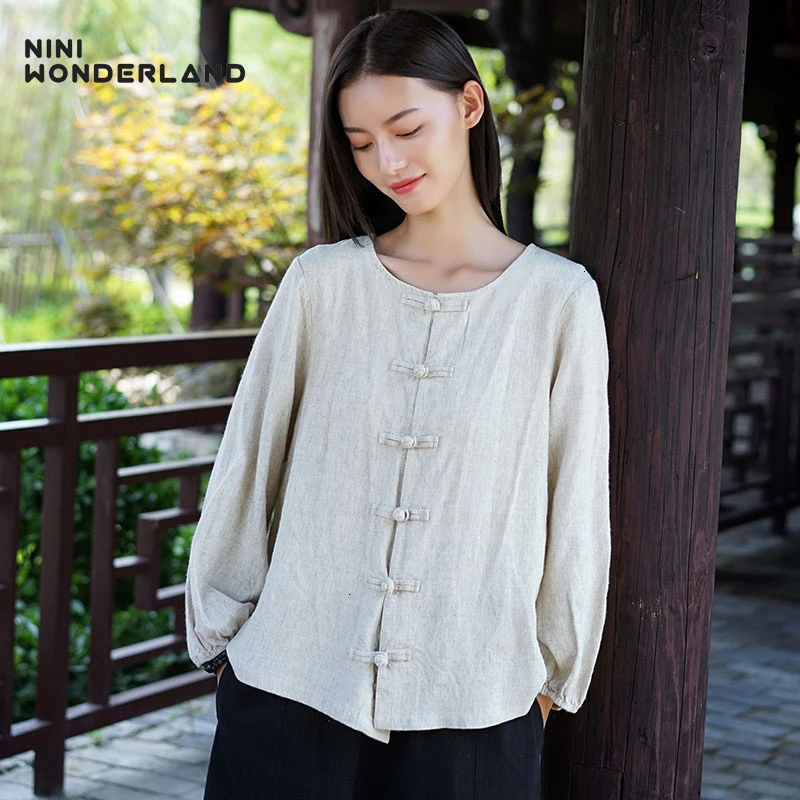 

NINI WONDERLAND 2019 Autumn Cotton Linen Shirt Women Long Sleeve Cardigan Tops Female Spring Solid Color Casual Shirts Clothes