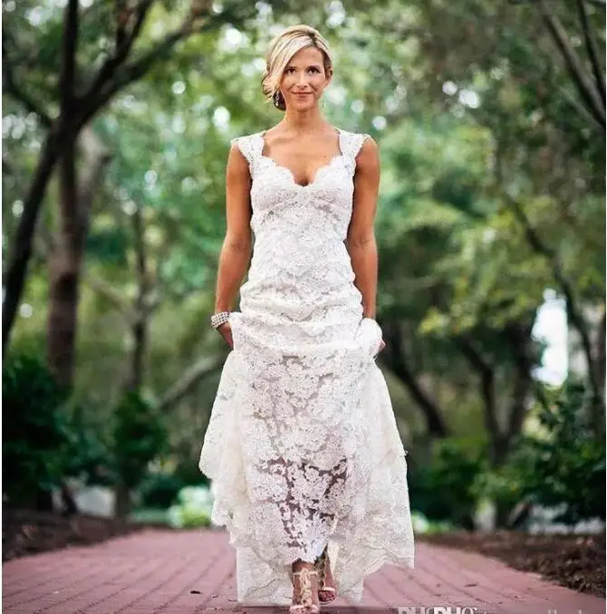 

Weddings Country Style V-neck Cap Sleeves Keyhole Back A Line Vintage Bridal Gowns Vestios lace Mother of the Bride Dresses