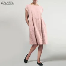 ZANZEA/ г.; кафтан; Повседневное платье до колена; Vestidos; женский летний сарафан; модное платье с короткими рукавами; Vestidos; женский плиссированный халат с круглым вырезом