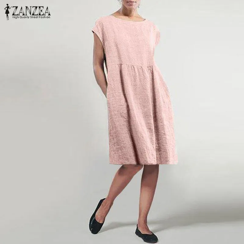 

ZANZEA 2019 Kaftan Casual Knee Length Vestidos Women's Summer Sundress Fashion Short Sleeve Vestidos Female O Neck Pleated Robe
