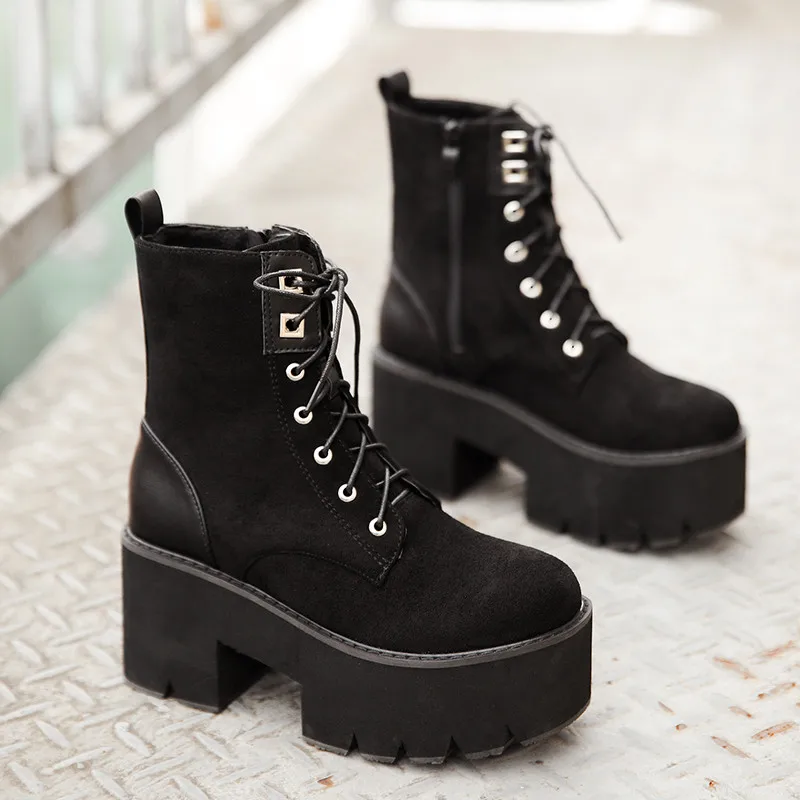 YMECHIC/женские армейские ботинки на платформе в готическом стиле в стиле панк, из искусственной замши, со шнуровкой, на высоком блочном каблуке, черные, готические зимние ботинки ботильоны