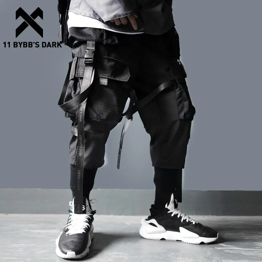Track-Trouser Cargo-Pants Multi-Pockets Dark-Ribbons Joggers Men Streetwear Harajuku