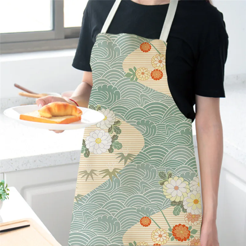 Lucky Cat Apron Kitchen Aprons for Women Cotton Linen Bibs Household Cleaning Pinafore Home Cooking Apron