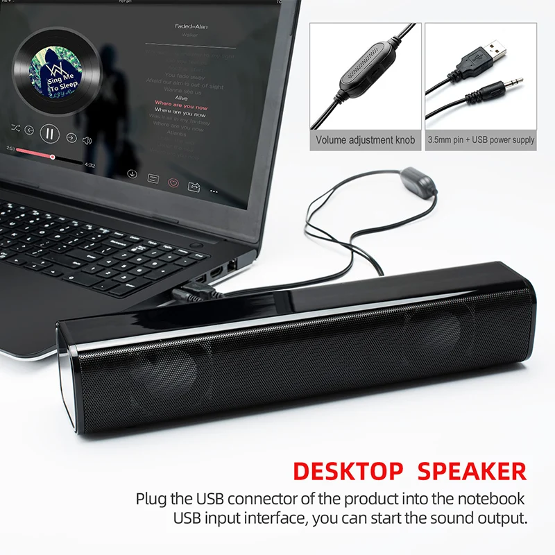 

Mini Soundbar Long Strip Subwoofer Speaker for PC TV Desktop Laptop PUO88