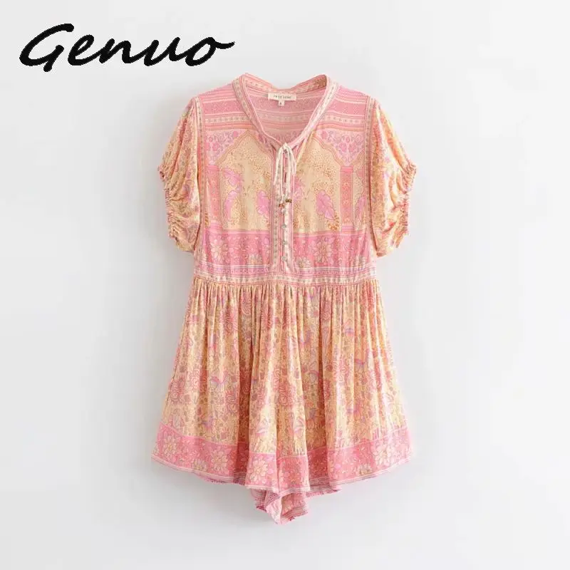 Laipelar Новые комбинезоны Boho с цветочным принтом Короткие Комбинезоны богемные Комбинезоны для женщин комбинезоны с коротким рукавом Новинка