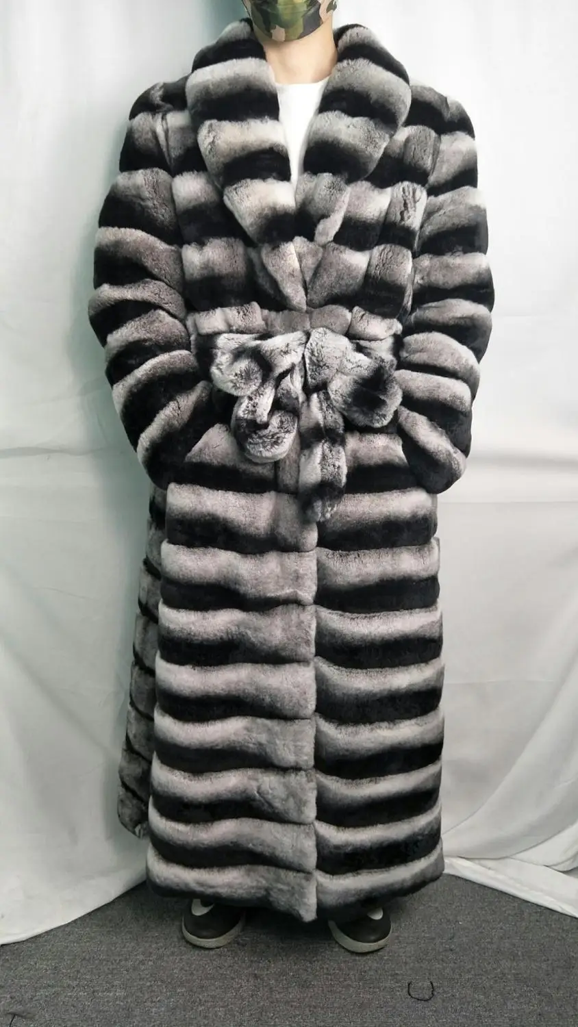130cm With Belt 130 см х-длинная настоящая Шиншилла Шуба из кролика Рекс тонкая с поясом Женская теплая меховая верхняя одежда с воротником - Цвет: 130cm With Belt