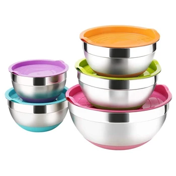 

7 Colors Stainless Steel Mixing Bowls with Non-Slip Silicone Bottom and Lids Egg Mixer Salad Bowls for Home Kitchen