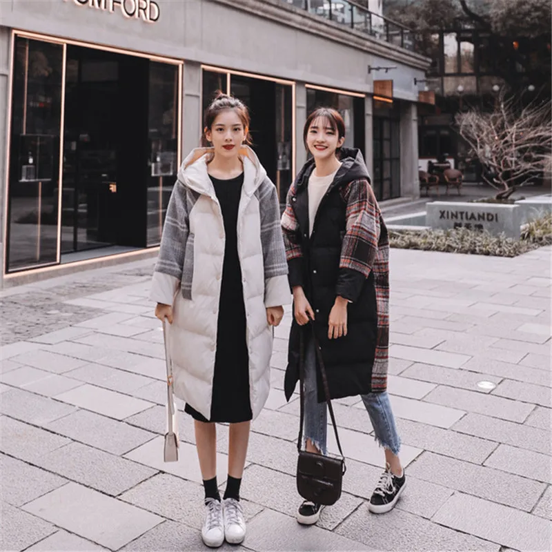 Large Size Women Winter Cotton Hooded Jackets Coat Fashion Loose Warm Plaid Long Outerwear Casual Female Basic Jacket xa111