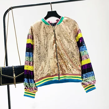 

2020 Autumn/winter New Heavy-duty Color Sequins Zipper Casual Jacket Women's Loose-fitting Baseball Shirt Top Sequin Jacket Coat