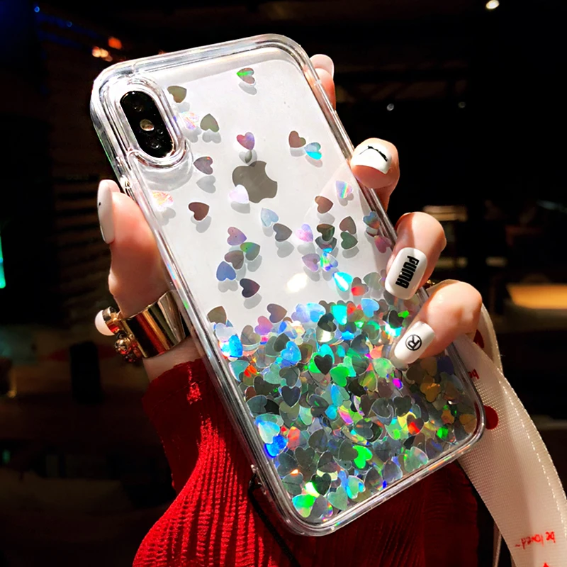 

Pink Love Heart Glitter Phone Case For iPhone XS Max X XR Liquid Quicksand Case for iPhone 6S 6 7 8 XS Plus Cover Bling Sequins