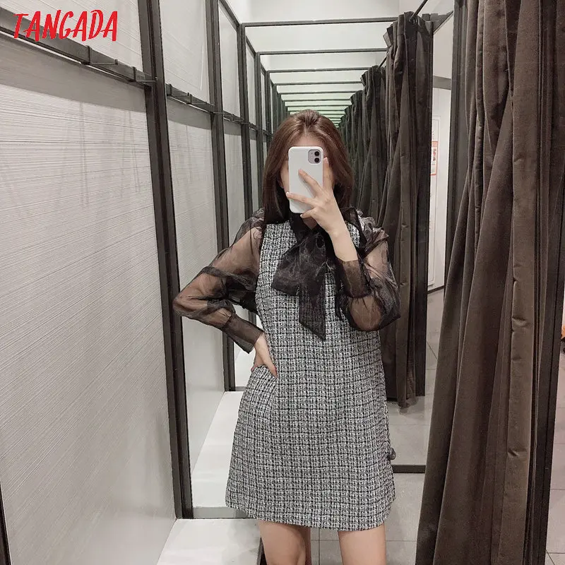 Tanie Tangada kobiety sukienka w kratę mesh z długim rękawem muszka szyi 2019 vintage kobieta biurowa, o średniej długości sukienka vestidos feminina 3H113