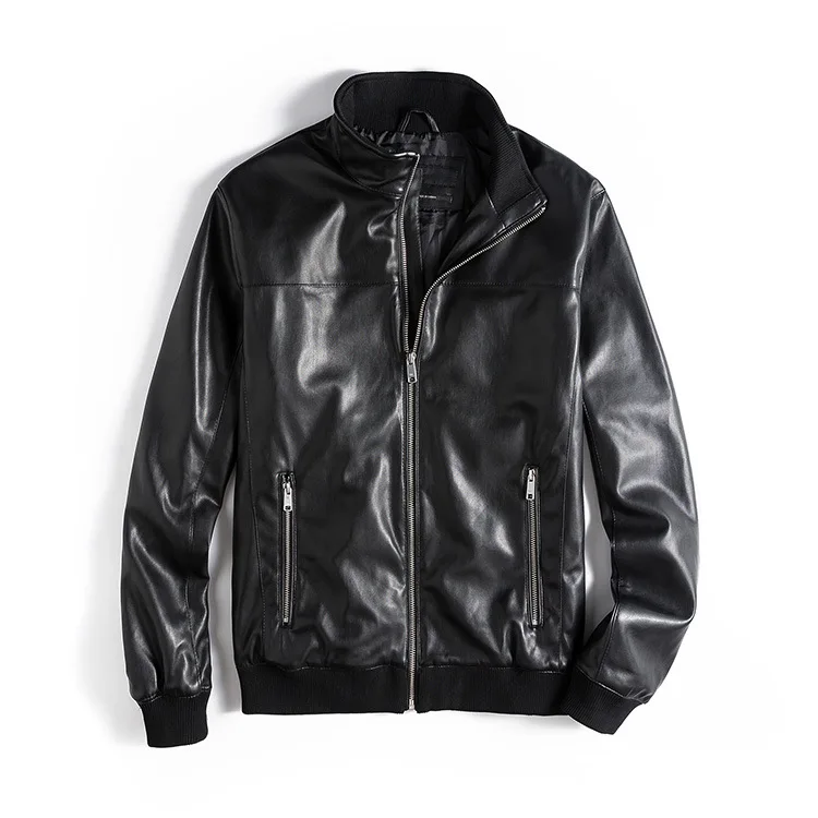 

Kb41 Men'S Wear Handsome Ribbed Pattern Joint Straight Women's Stand Collar PU Leather Jacket