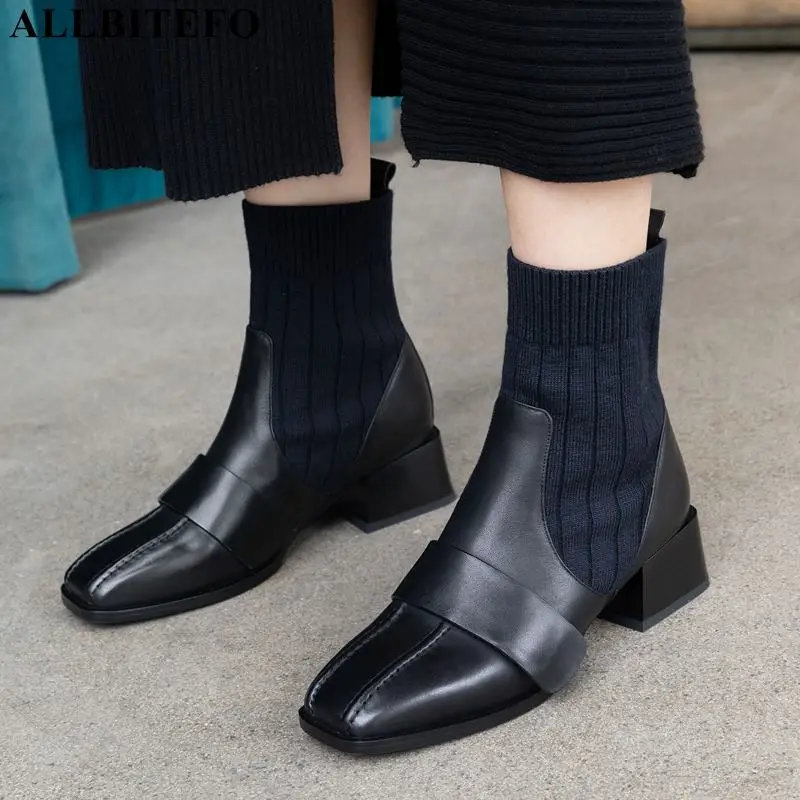 

ALLBITEFO natural genuine leather+Knitting wool women boots Square toe ankle boots for women Winter snow boots women heels