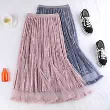 Винтажная зимняя Гибкая эластичная юбка с высокой талией Миди плиссированная юбка из тюля с бисером для женщин розовые юбки женские saia