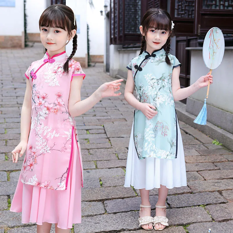 

Girl Traditional Chinese Cheongsam Hanfu Dress Kids Princess Costume Wedding Aodai Children Qipao Floral Vestidos Evening Party