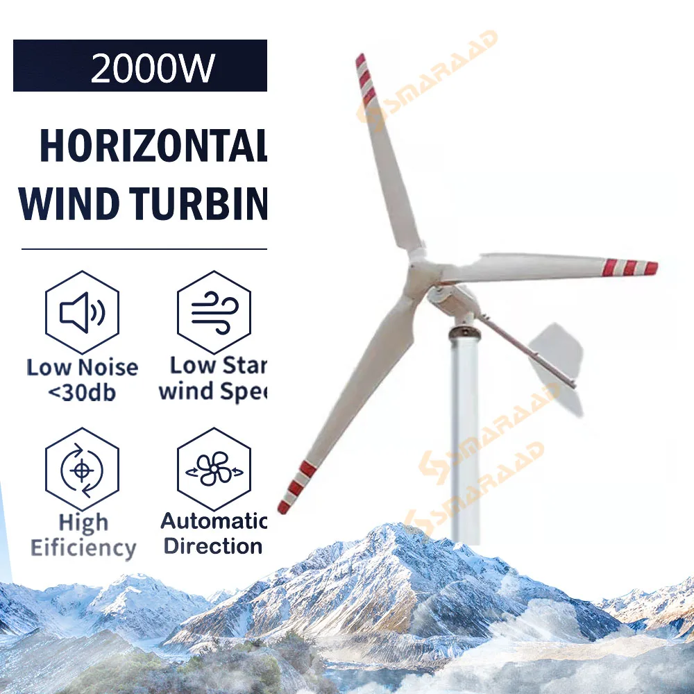 

New Energy Wind Generator 2000W 48V 96V 3-Blade Horizontal Wind Generator With Free MPPT Charger Controller And off-grid Inverte