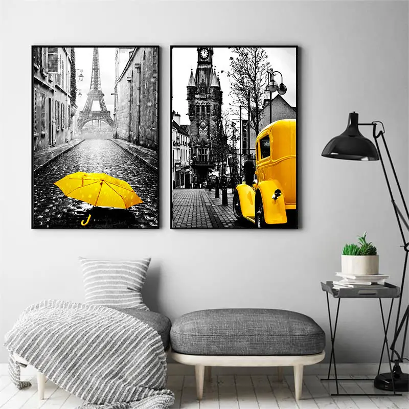 Скандинавская Картина на холсте Ретро Европейский город пейзаж Картина домашний Декор стены искусства желтый воздушный шар в форме автомобиля плакаты и принты для спальни