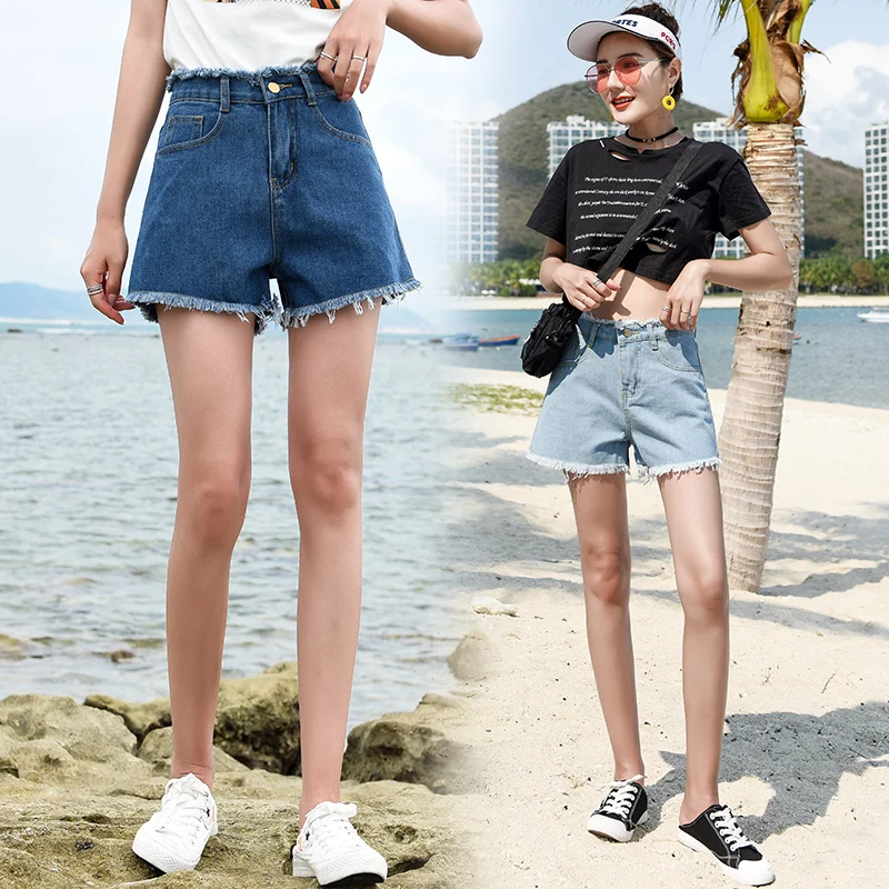 Denim Shorts Women's Summer New Style WOMEN'S Dress Korean-style High-waisted Loose-Fit Korean-style Versatile Fringed Deni