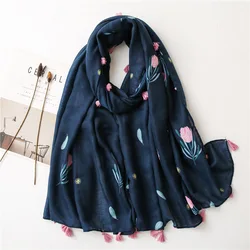 2022 Fashion Navy Blue Garden Floral Viscose Shawl Scarf Lady High Quality Wrap Pashmina Stole Bufandas Muslim Hijab 180*90Cm