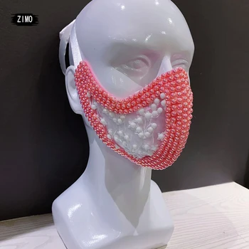 

sparkly Fashion Rhinestone Mask Male pearl Stage red women Accessories Prom Party Show Singer Dancer Catwalk Performance Costume