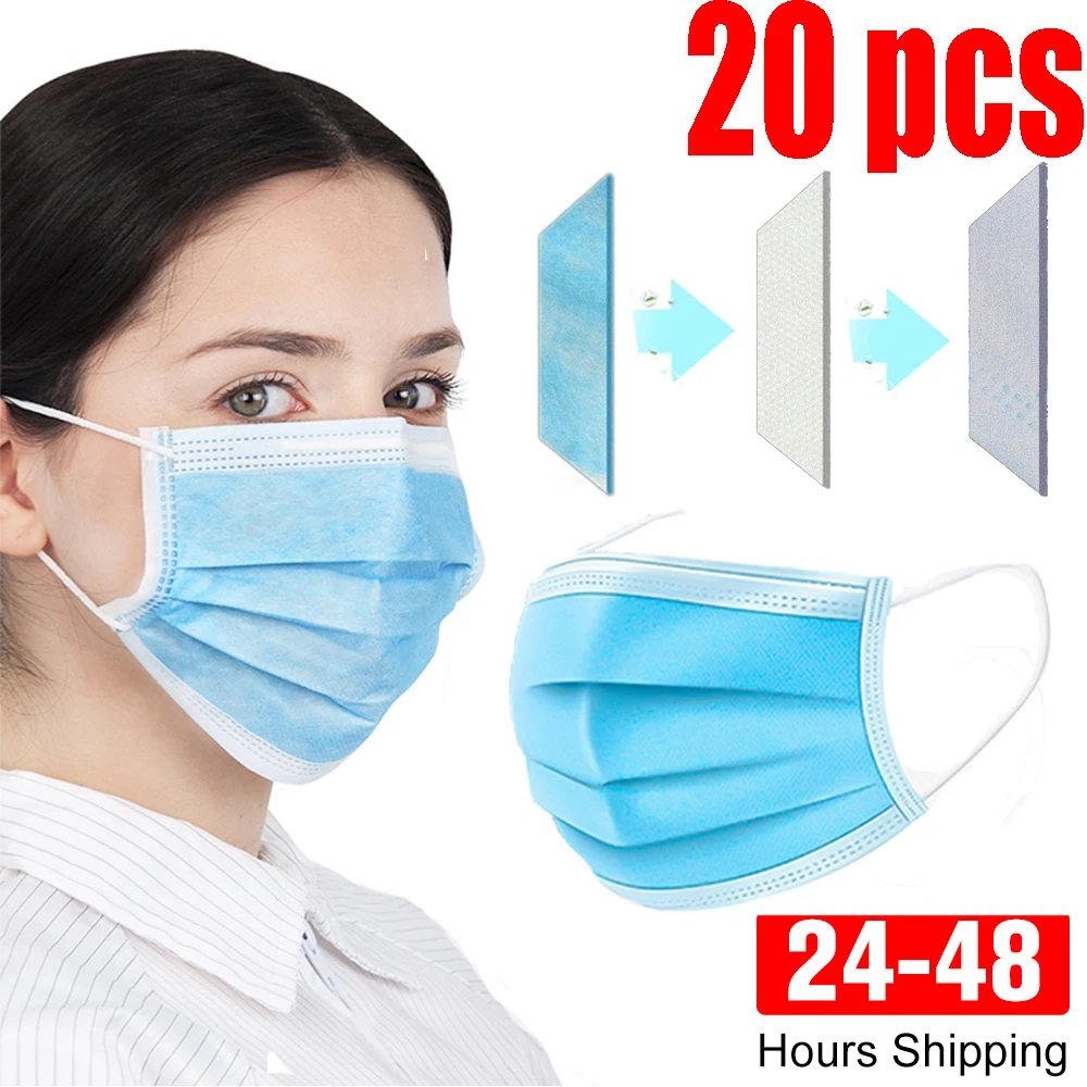 

20Pcs Disposable Protective Mouth Mask Anti Dust Cold Windproof Bacteria Proof flu Breathable Face Mask 3 Layers PM2.5 dropshipp