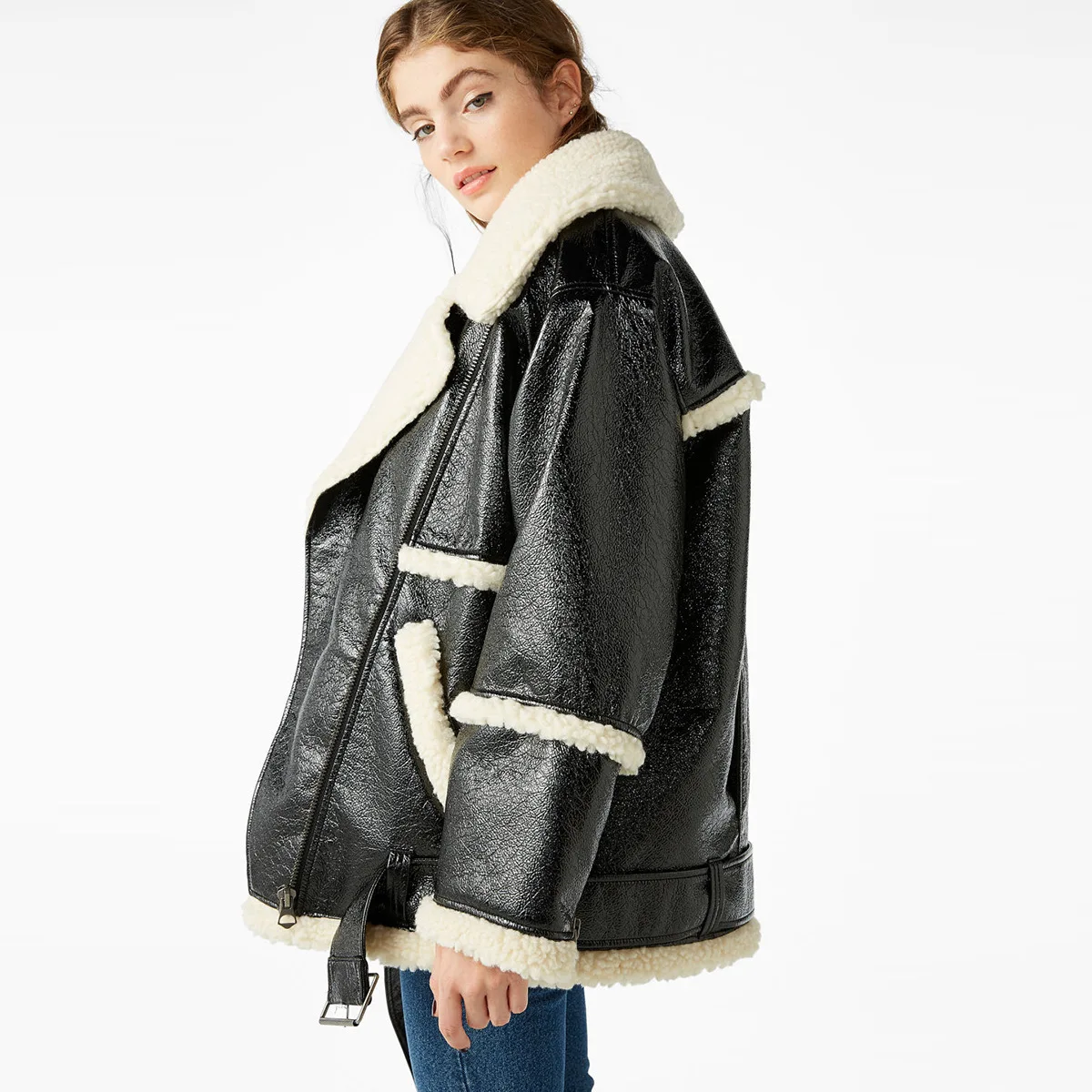 Haoduoyi Europe And America Sweet Faux Cashmere Large Lapel Fur Collar Leather Stitching Oblique Zip-up Jacket