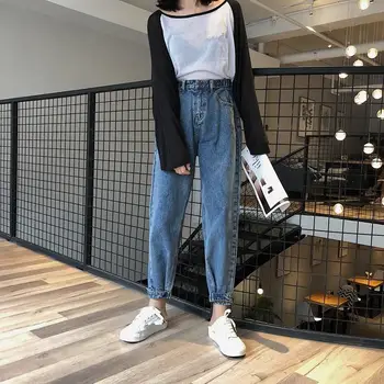 

Casual Solid High Waist Denim Pants Loose Jeans Women Pockets Large Size Trousers Harem Pants