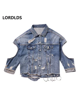 

LORDLDS 2020 Fashion Beading Short Denim Jacket Coat Women Irregular personality Hole Cowboy Coats Streetwear Female Coat