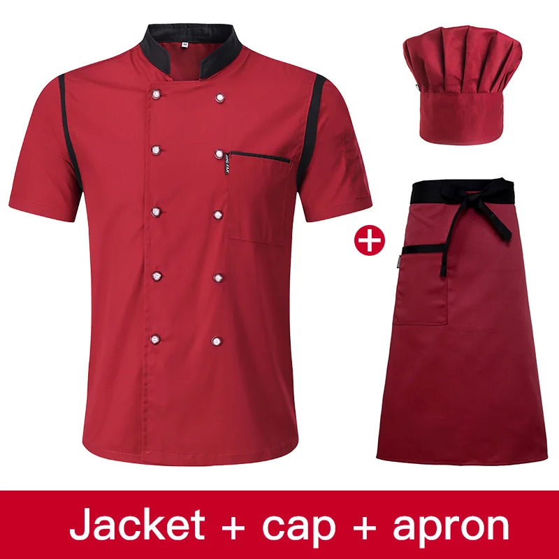 Double-breasted hotel chef uniform shirt unisex summer restaurant chef jacket cafe waiter overalls kitchen cooking jacket top - Color: photo