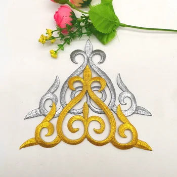 

Iron On Patches Cosplay Appliques Lace Costumes Embroidered Trims Gold and Silver Flower Patches 14.5*8.5cm