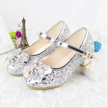 

Princess Kids Leather Shoes For Girls Flower Casual Glitter Children High Heel Girls Shoes Butterfly Knot Blue Pink Silver purpl