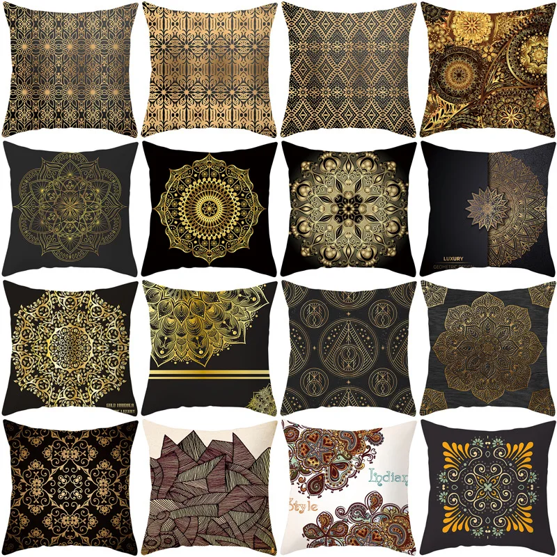 

Gold-Tone Mandala Square Pillow Cover Mandala Ethnic-Style Pillow Cover Sofa Pillow Case