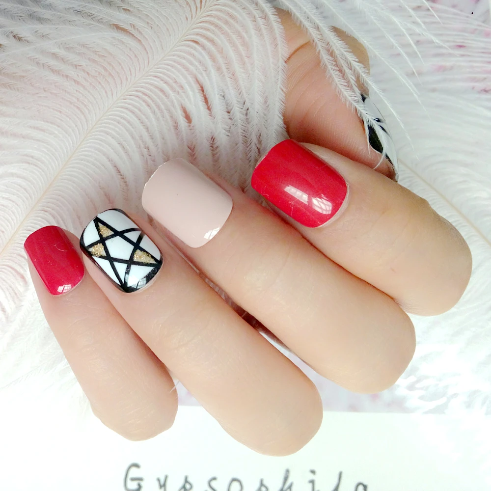 

Fashion Red False Nail Line Star Triangle Press ON Artificial Fake Nails DIY Lady Full Cover Finger Tips Manicure Tools