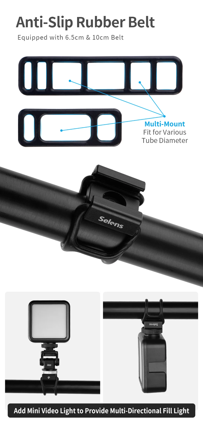 Selens Cold Shoe Mount Adapter with 6.5CM and 10CM Belt 1/4 Tread Hole for Camer